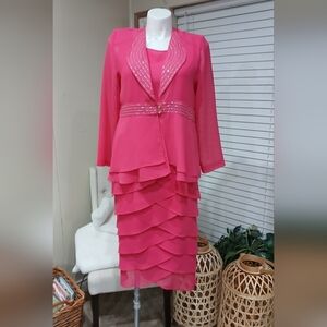 Vibrant Hot Pink 3 PC Skirt Suit Sz M Crystal Detail Blazer Tulip Layered Skirt